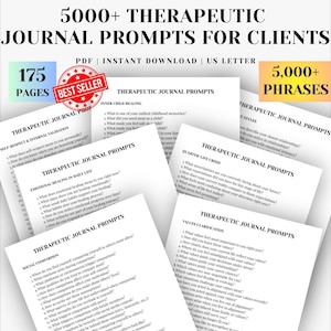 Könnte beinhalten: Eine digitale Sammlung von über 5000 therapeutischen Journal-Prompts für Klienten, präsentiert als 175-seitiges PDF im US-Letter-Format. Das Dokument enthält verschiedene Kategorien wie Heilung des inneren Kindes und Werteklärung.