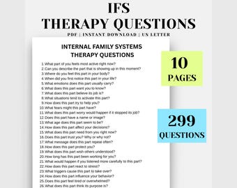 Op de afbeelding: Een wit document getiteld "Internal Family Systems Therapy Questions" met een lijst met vragen. Het document is gelabeld "PDF | DIRECT DOWNLOADEN | US LETTER". Er zijn 10 pagina's en 299 vragen.