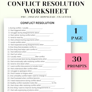 Op de afbeelding: Een witte Conflict Resolution Worksheet met 30 prompts, ontworpen voor zelfreflectie. Het werkblad is gelabeld "US LETTER" en bevat een blauwe doos met "1 PAGE" en een roze doos met "30 PROMPTS".