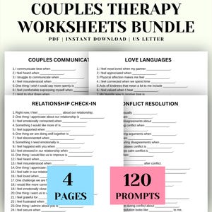 Pode incluir: Um pacote de folhas de trabalho de terapia de casal, com sugestões para comunicação, verificações de relacionamento, linguagens do amor e resolução de conflitos. As folhas de trabalho são para download instantâneo e tamanho US Letter. Inclui 4 páginas e 120 sugestões.