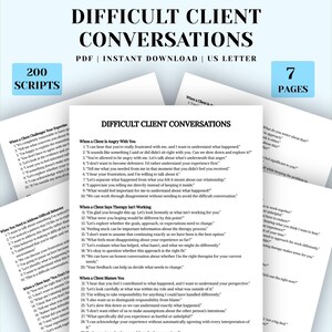 Op de afbeelding: Een digitaal document getiteld Difficult Client Conversations met 200 scripts verdeeld over 7 pagina's in US Letter-formaat. De tekst bevat secties voor wanneer een cliënt boos is, zegt dat therapie niet werkt of de schuld bij jou legt.