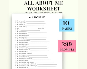 All About Me Journal Worksheet, 299 Self-Discovery Prompts (PDF)