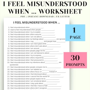 May include: A worksheet titled "I Feel Misunderstood When..." with fill-in-the-blank prompts. The document is labeled "PDF | INSTANT DOWNLOAD | US LETTER." A blue rectangle indicates "1 PAGE," and a pink rectangle indicates "30 PROMPTS."