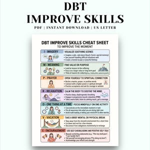 May include: A DBT Improve Skills cheat sheet document featuring the acronym IMPROVE with corresponding sections for Imagery, Meaning, Prayer, Relaxation, One thing at a time, Vacation, and Encouragement, each with bulleted tips and illustrations.