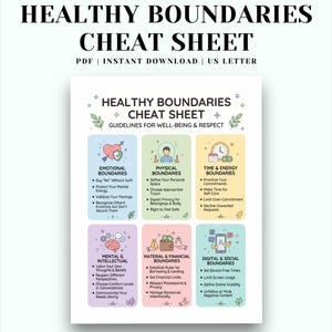 May include: A digital cheat sheet titled Healthy Boundaries Cheat Sheet with six colorful sections detailing guidelines for emotional, physical, time, energy, mental, intellectual, material, financial, digital, and social boundaries with icons.