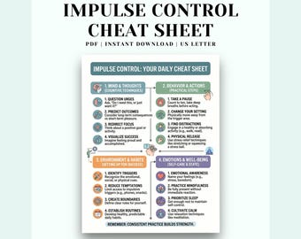 May include: A digital cheat sheet titled IMPULSE CONTROL: YOUR DAILY CHEAT SHEET. The document is organized into four color-coded sections: Mind & Thoughts, Behavior & Actions, Environment & Habits, and Emotions & Well-being, with bulleted lists.