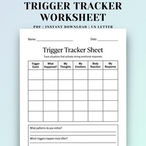 Puede incluir: Una hoja de trabajo Trigger Tracker Worksheet blanca con texto negro y una cuadrícula. El encabezado dice Trigger Tracker Sheet e incluye campos para nombre y fecha. Las columnas de la cuadrícula son Trigger Event, What Happened, My Thoughts, My Emotions, Body Reaction y My Response.