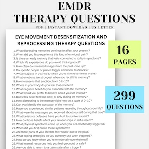 Könnte beinhalten: Digitales PDF-Dokument mit dem Titel „EMDR-Therapiefragen“ mit 299 Fragen auf 16 Seiten. Das Dokument ist für die Eye Movement Desensitization and Reprocessing Therapie konzipiert.