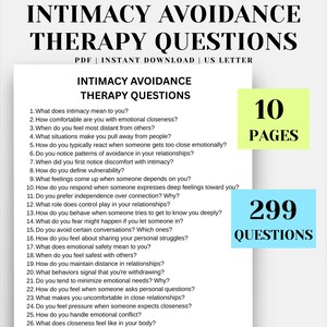 May include: A white document titled "Intimacy Avoidance Therapy Questions" with a list of questions. The document is labeled "PDF | INSTANT DOWNLOAD | US LETTER." There are 10 pages and 299 questions.