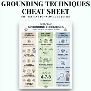 May include: A white and green printable "Grounding Techniques Cheat Sheet" with headings for sensory, breathing, and mental techniques. The sheet includes instructions for exercises like box breathing and counting backward. The text "PDF | INSTANT DOWNLOAD | US LETTER" is at the top.
