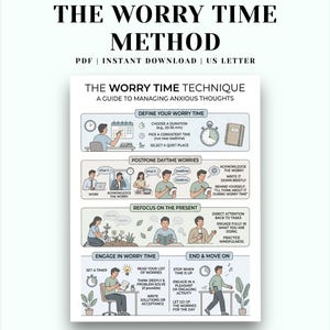 May include: A printable guide titled "The Worry Time Method" with the text "The Worry Time Technique: A Guide to Managing Anxious Thoughts." The infographic uses illustrations to explain the method, including defining worry time, postponing worries, and refocusing on the present.