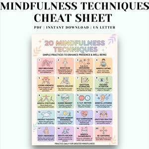 Peut inclure: Une fiche technique intitulée MINDFULNESS TECHNIQUES CHEAT SHEET, présentant 20 cases numérotées sur des fonds aux tons pastel. Chaque case contient une icône au trait simple et un texte décrivant une pratique de pleine conscience.