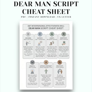 DEAR MAN Script Cheat Sheet, DBT Interpersonal Effectiveness Worksheet, Assertive Communication Skills, Boundary Setting