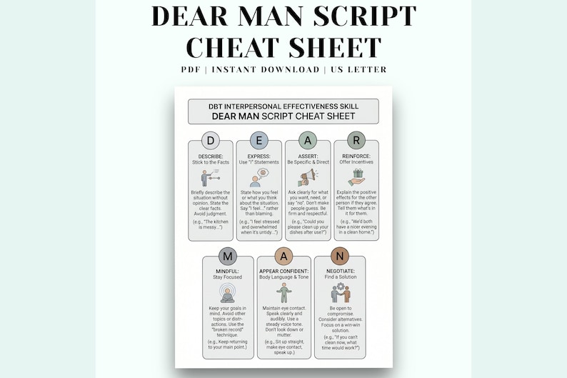 Dbt Programming Script Example DEAR MAN Script Cheat Sheet, DBT Interpersonal Effectiveness Worksheet ...