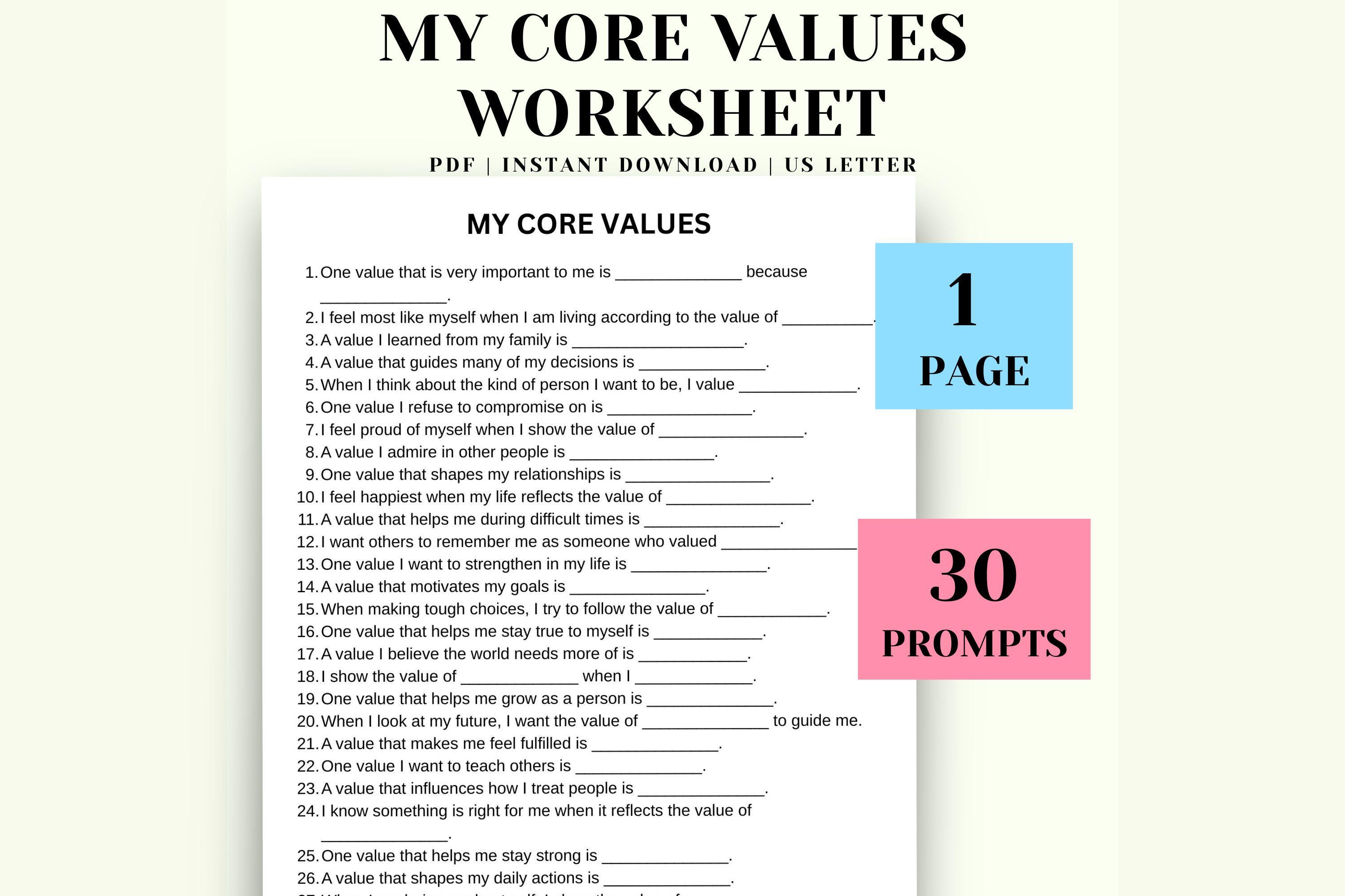 Value Clarification Worksheet.pdf Core Values Therapy Worksheet, Self Discovery, Values Clarification ...