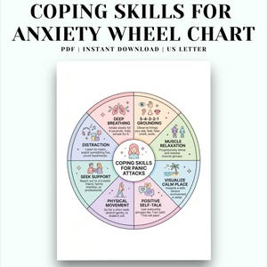 Può includere: Un grafico a ruota colorato intitolato "Coping Skills for Anxiety" con sezioni per la respirazione profonda, l'ancoraggio, la distrazione, il rilassamento muscolare e altro ancora. Il grafico è un download istantaneo PDF, formato US Letter.