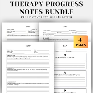 May include: A bundle of therapy progress notes with the title "THERAPY PROGRESS NOTES BUNDLE". The documents include sections for patient information, behavior observations, subjective data, objective data, assessment, and goals. The bundle includes 4 pages and is available as a PDF.