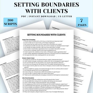 May include: A digital document titled Setting Boundaries With Clients, featuring 200 scripts across 7 pages in US Letter format. The text includes sections on session time, scheduling, between-session contact, and after-hours boundaries for professionals.