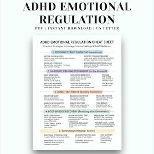 ADHD Emotional Regulation Cheat Sheet, ADHD Emotion Regulation Strategies, Adult ADHD Therapy Handout, Emotional Dysregulation Printable