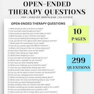 Op de afbeelding: Een direct downloadbare PDF met de titel "OPEN VRAGEN THERAPIE", met 299 vragen verdeeld over 10 pagina's. Het document is in US Letter-formaat. De titel is vetgedrukt en zwart.