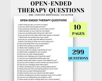 May include: A printable PDF titled "OPEN-ENDED THERAPY QUESTIONS" with 299 questions across 10 pages. The document is designed for instant download and is formatted for US Letter size. The title is in bold, black font.