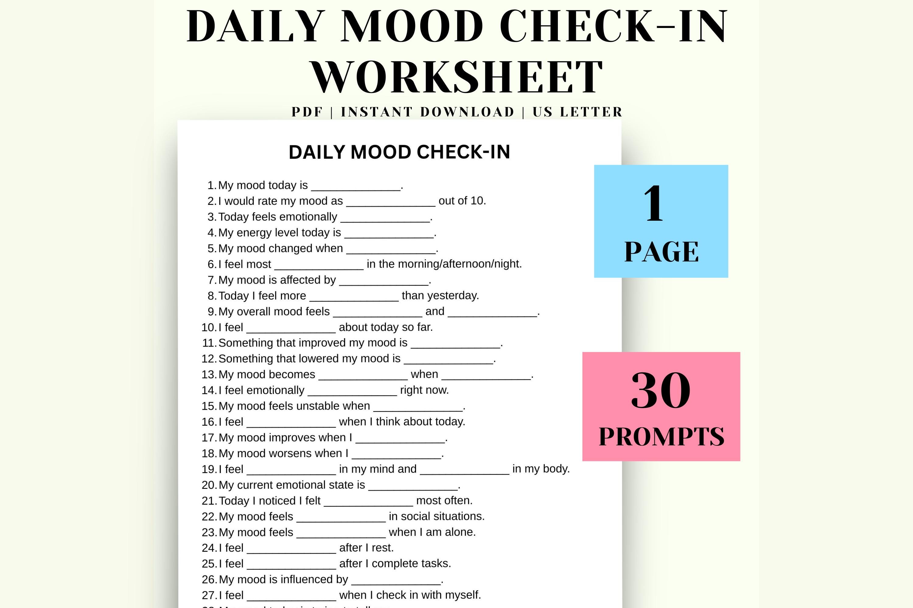 Daily Mood Check-in Worksheet, Mood Tracker Journal Prompts, Emotional ...