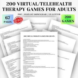 Puede incluir: Un documento digital titulado 200 Virtual/Telehealth Therapy Games for Adults, que contiene 67 páginas. El diseño incluye una insignia roja de best seller, cuadros de acento en verde y azul, y texto que detalla diversas actividades de juegos terapéuticos.