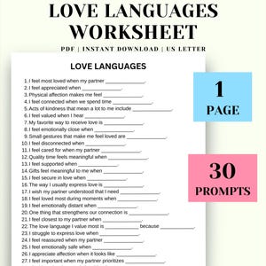 Puede incluir: Una hoja de trabajo imprimible, "Love Languages Worksheet", con 30 preguntas para explorar las relaciones. El documento es de tamaño US Letter. Hay un cuadro azul con "1 PAGE" y un cuadro rosa con "30 PROMPTS".