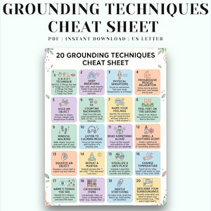 May include: A digital cheat sheet titled 20 Grounding Techniques Cheat Sheet, featuring a grid of twenty numbered boxes with icons and text instructions for mindfulness exercises. The document is formatted for US Letter size and is a PDF download.