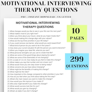 Op de afbeelding: Een wit document getiteld "MOTIVATIONAL INTERVIEWING THERAPY QUESTIONS" met een lijst van 26 vragen. Het document is gelabeld "PDF | DIRECTE DOWNLOAD | US LETTER." Er zijn 10 pagina's en 299 vragen.