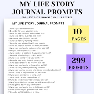 Op de afbeelding: Een digitale download met de titel "MY LIFE STORY JOURNAL PROMPTS" met een lijst met vragen. De afbeelding bevat de tekst "PDF | DIRECT DOWNLOADEN | US LETTER", samen met twee gekleurde rechthoeken met de tekst "10 PAGINA'S" en "299 PROMPTS".