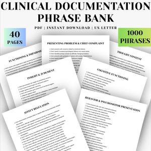 May include: A clinical documentation phrase bank document featuring 40 pages and 1000 phrases. The text includes sections titled Presenting Problem & Chief Complaint, Functioning & Impairment, Insight & Judgment, Cognitive Functioning, and Affect Regulation.