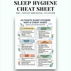 May include: A digital sleep hygiene cheat sheet document titled Ultimate Sleep Hygiene Map & Cheat Sheet. The infographic features sections on daytime routines, bedroom optimization, pre-sleep rituals, distractions, in-bed habits, and stress management.