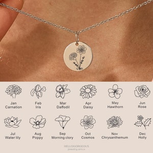 Custom Two Birth Flower Necklace, Personalized Engraved Floral Pendent Necklace For Mom, Gold Silver Rose Necklace, Mothers Day Gift for Mom