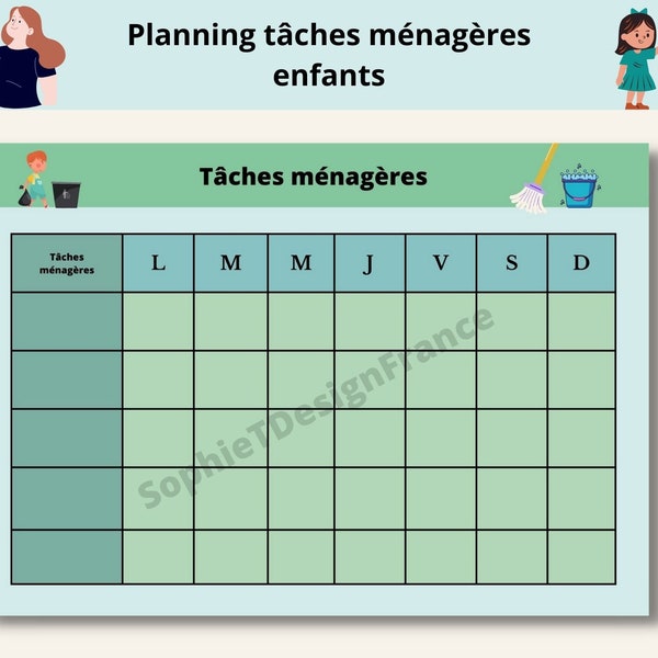 Tableau de tâches ménagères pour enfant - motivation tâches ménagères - Planning ménage - organisation famille