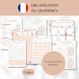 Peut inclure: Ensemble de pages de planification imprimables aux tons pêche et crème avec des motifs floraux. Les pages comprennent des sections pour la planification quotidienne, hebdomadaire et mensuelle, des listes de tâches et des listes de courses. Le texte "ORGANISATION DU QUOTIDIEN" est en haut.