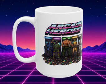 Retro Arcade Heroes Ceramic Mug 15oz | 80s 90s Video Game Nostalgia Gift