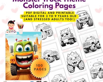 子供向けモンスタートラックぬりえ | 100ページ（PDF）