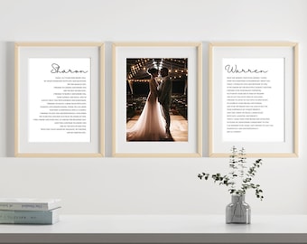 May include: Three framed prints with white backgrounds and black text. The center print features a black and white photo of a bride and groom standing together. The left print has the text "Sharon" and the right print has the text "Warren".