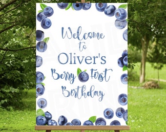 Berry First Birthday Welcome Sign Poster Template | Personalized Party Decoration | Blueberry Birthday Theme Poster