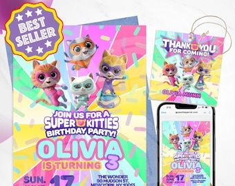 Super Kitty Birthday Invitation | Girl Birthday Party Invitations, Printable, Editable Instant Download, DIGITAL, SK01
