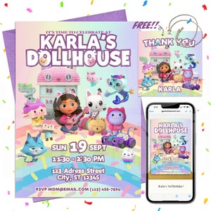 Birthday Invitation Template, Girl Cat Dollhouse Gabby Kids Birthday Invite Editable Template Digital or Printed