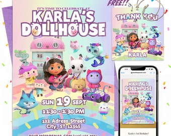 Birthday Invitation Template, Girl Cat Dollhouse Gabby Kids Birthday Invite Editable Template Digital or Printed