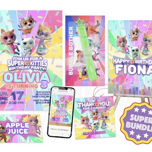 Super Kitty Geburtstagseinladungen Vorlage Bundle, Danke Tags, Poster, Tischkarten, Geburtstagseinladung Digital Girl, Party Favor,SK01