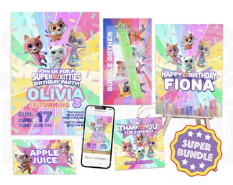 Super Kitty Birthday Invitations Template Bundle, Thank You Tags, Poster, Place cards, Birthday Invitation Digital Girl, Party Favor,SK01