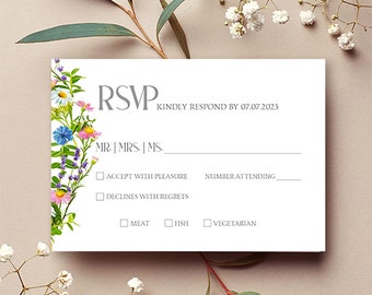 EDITABLE Garden Flowers Wedding RSVP Card, Colorful Wildflower Wedding Insert Template, Spring Floral Party Canva Printable Download