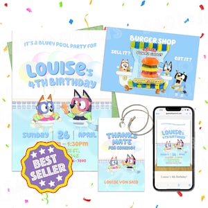 サンキューカード付き誕生日プールパーティー招待状、水泳パーティー招待状デジタル、誕生日招待状テンプレート | BLY02