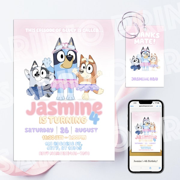 Ballerina birthday invitation, Dog Theme, Thank You Card, Girl Birthday, Birthday Template, Invitation Template, BLY01