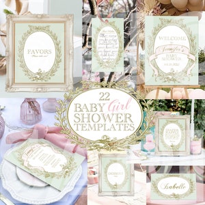 French Baby Shower Invitation Bundle | Green Baby Shower Invitation Template Bundle | Garden Baby Shower Gold Wreath Invitation