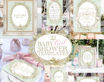 May include: A set of 22 printable baby shower templates in a light green and gold color scheme with a floral wreath design. The templates include a welcome sign, a favor sign, a diaper raffle sign, a dessert sign, a menu, and a name tag. The text on the welcome sign reads "Welcome to Jennifer's Baby Shower 04.26.2023".